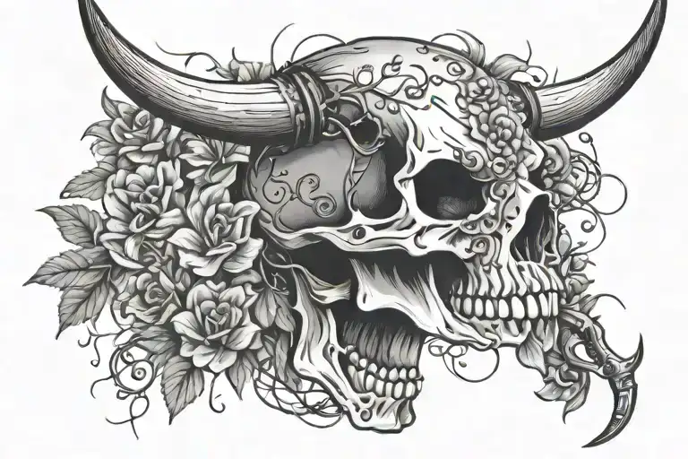 long horn skull small flowers barb wire tattoo design idea