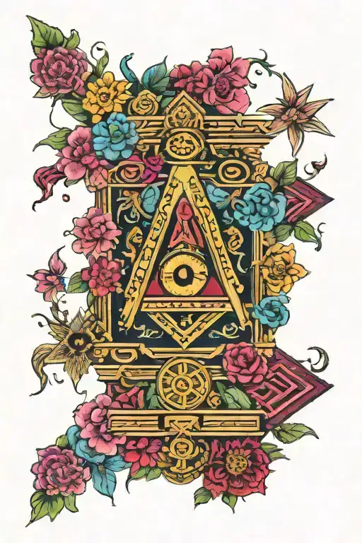 Masonic symbols, bright coloured flowers, temple pillars, Japanese  tattoo design idea