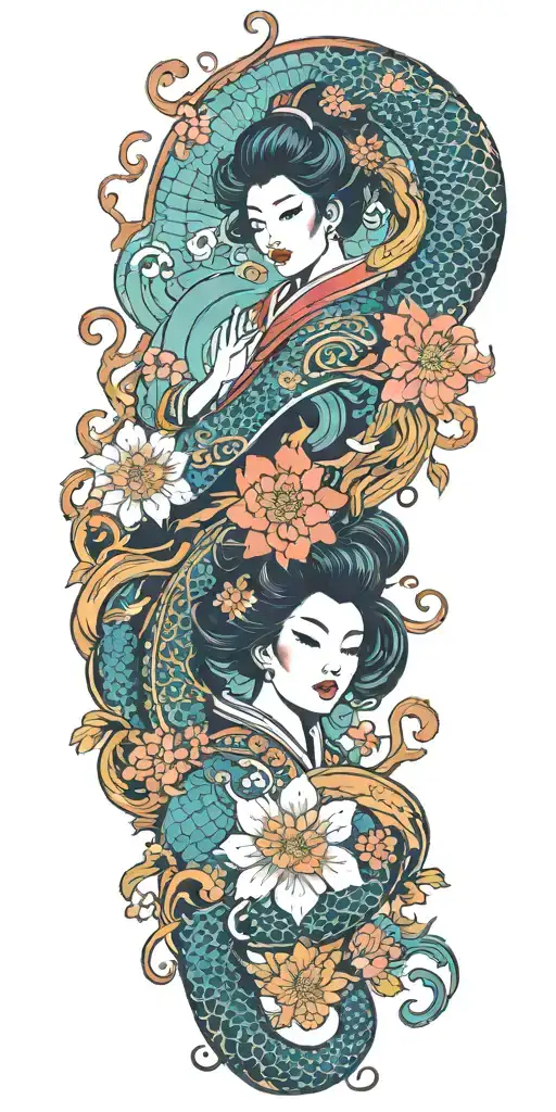 Japanese inspired, dragon, geisha girl, koi carp Masonic symbols, bright colours, flowers, full colo tattoo design idea