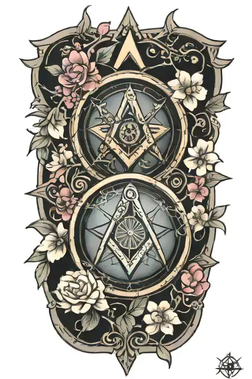 A neotraditional tattoo design featuring a Masonic compass and square intertwined with Disney characters in a Japanese cherry blossom background tattoo design idea