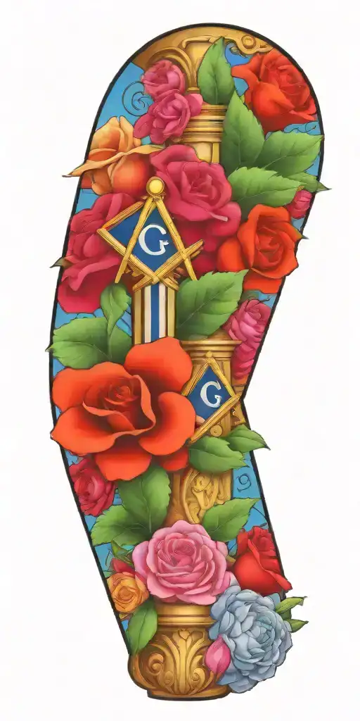 Masonic symbols, bright coloured flowers, temple pillars tattoo design idea