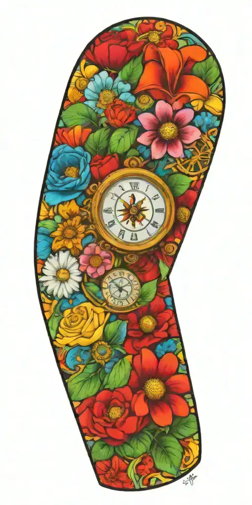Masonic symbols, bright coloured flowers, time piece,  tattoo design idea