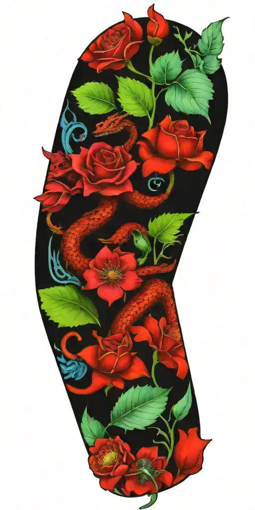 Masonic symbols, bright coloured flowers dragon, temple tattoo design idea