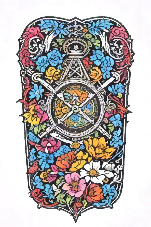 Masonic square and compass, bright coloured japanese flowers, knights Templar 1 pocket watch  tattoo design idea