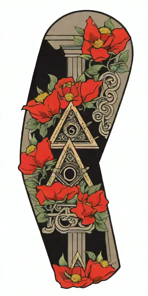 Masonic symbols, bright coloured flowers, temple pillars tattoo design idea