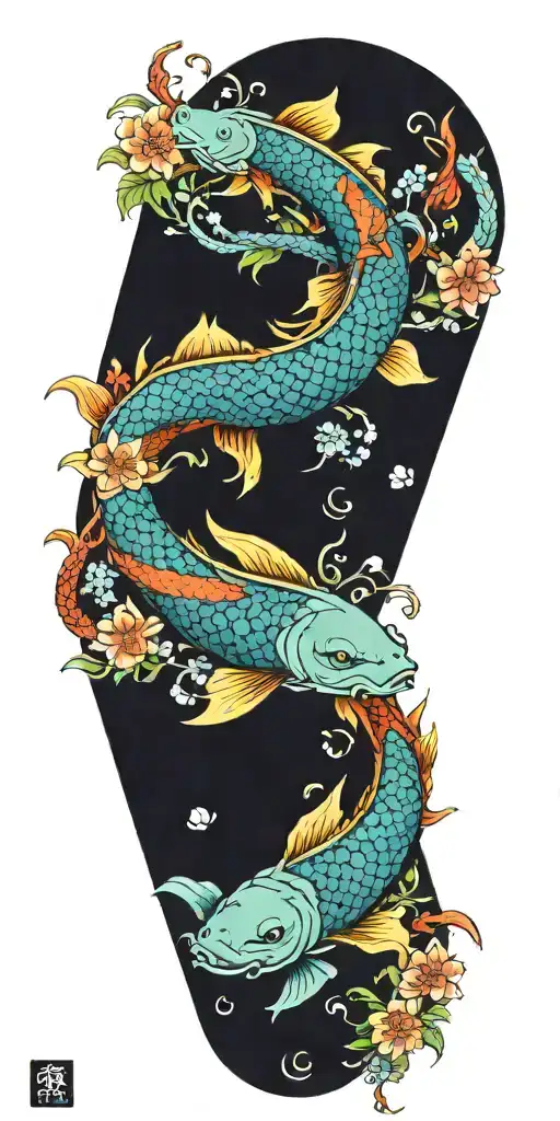 Japanese, dragon, koi carp Masonic symbols, bright colours, flowers, full colour tattoo design idea