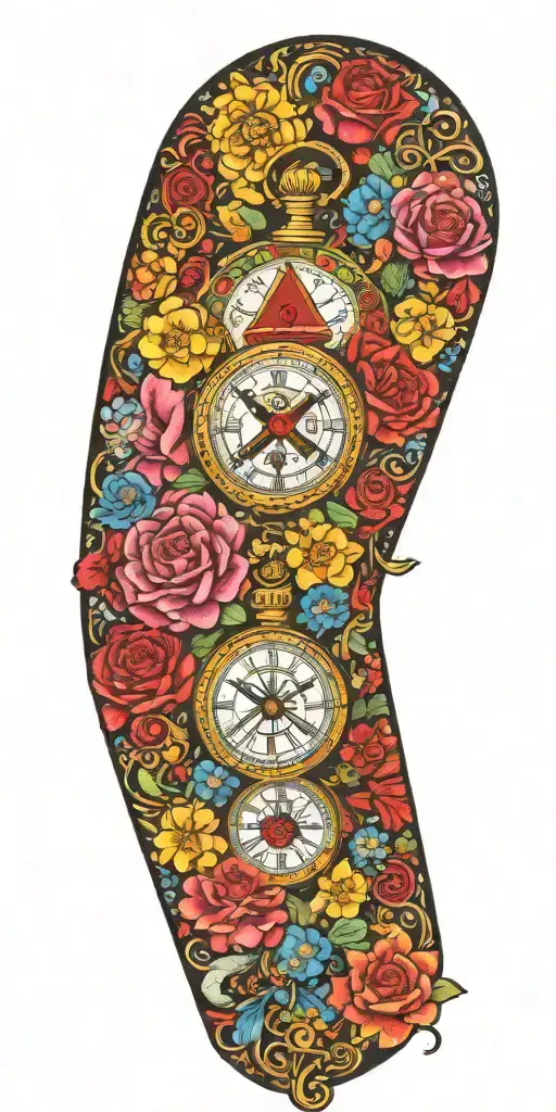 free Masonic symbols incorporated into the design, bright coloured flowers, knights Templar 1 pocket watch  tattoo design idea