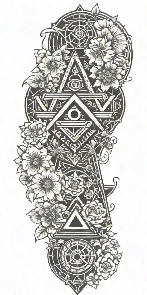 Japanese inspired with Masonic symbols and bright flowers tattoo design idea