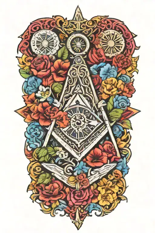 free Masonic square and compass incorporated into the design, bright coloured flowers, knights Templar 1 pocket watch  tattoo design idea