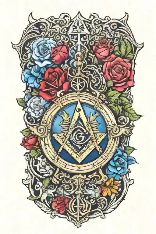 free Masonic square and compass incorporated into the design, bright coloured flowers, knights Templar 1 pocket watch  tattoo design idea
