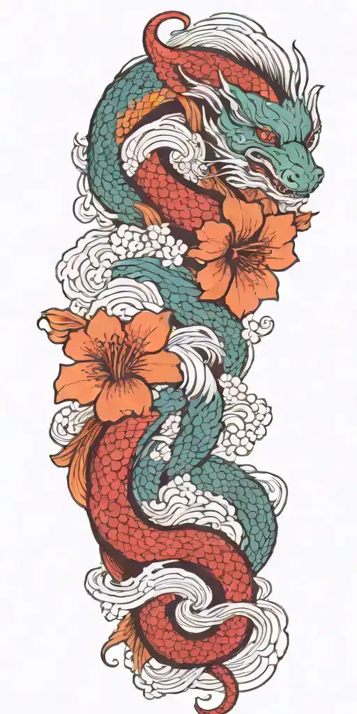 Japanese inspired, dragon, geisha girl, koi carp Masonic symbols, bright colours, cherry blossoms and Lilly's  tattoo design idea