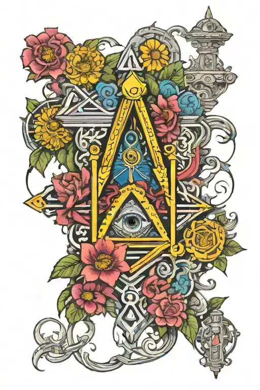 Masonic symbols, bright coloured flowers, temple pillars, Japanese  tattoo design idea