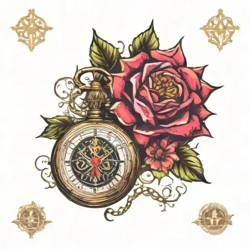 free Masonic symbols incorporated into the design, bright coloured flowers, knights Templar 1 pocket watch  tattoo design idea