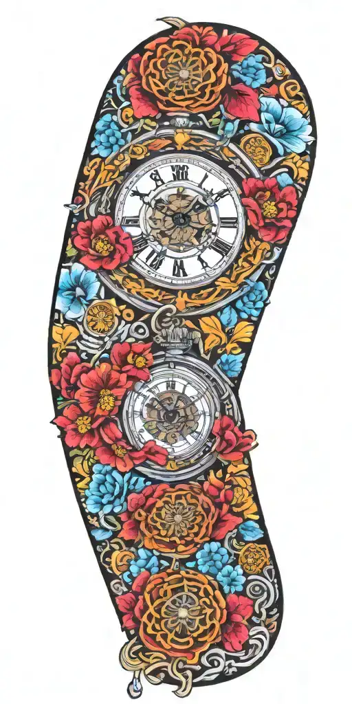Masonic, bright coloured japanese flowers, pocket watch, steam punk tattoo design idea