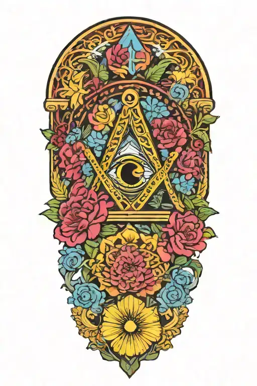 Masonic symbols, bright coloured flowers, temple pillars tattoo design idea