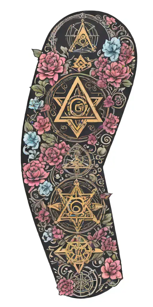 Japanese inspired with Masonic symbols and bright flowers tattoo design idea