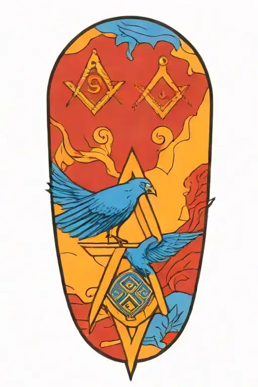 free Masonic symbols incorporated into the design, bright colours, knights tattoo design idea