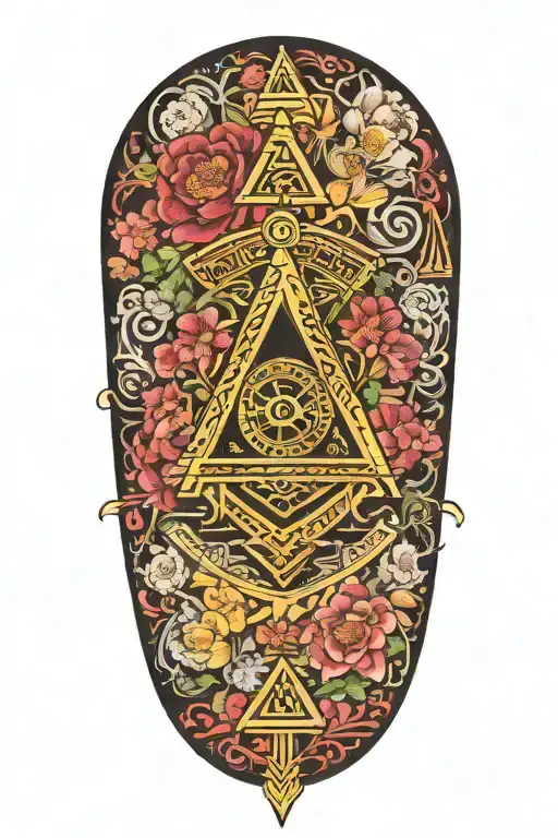 Japanese inspired with Masonic symbols and bright flowers tattoo design idea