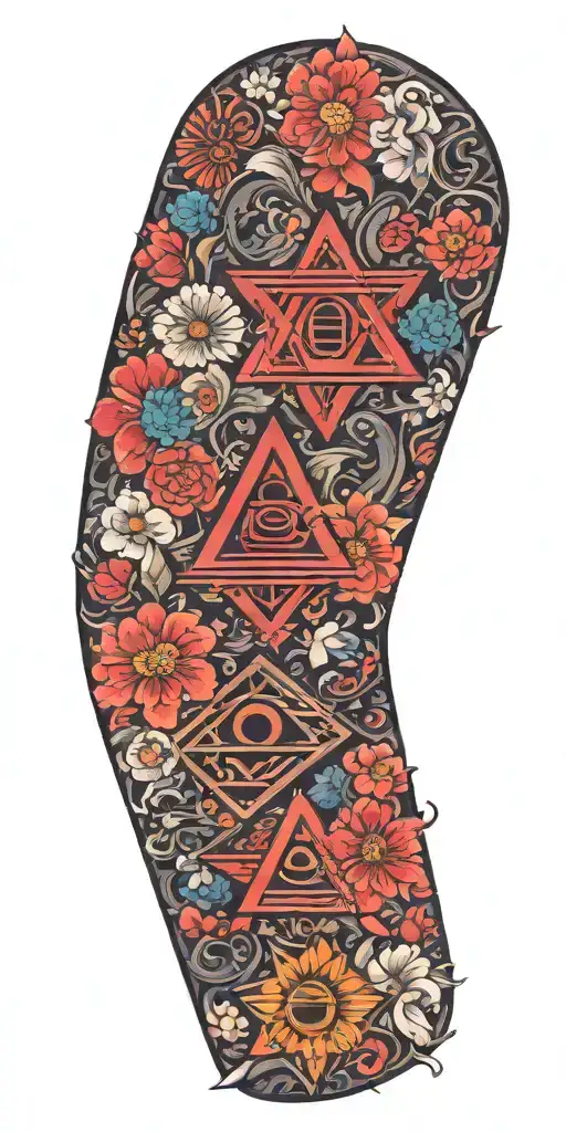 Japanese inspired with Masonic symbols and bright flowers tattoo design idea
