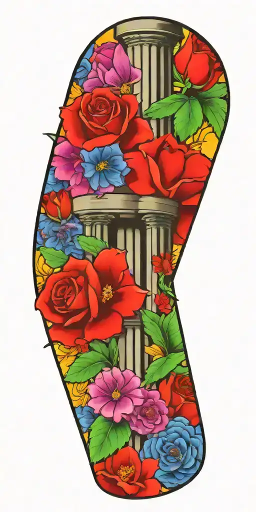 Masonic symbols, bright coloured flowers, temple pillars tattoo design idea