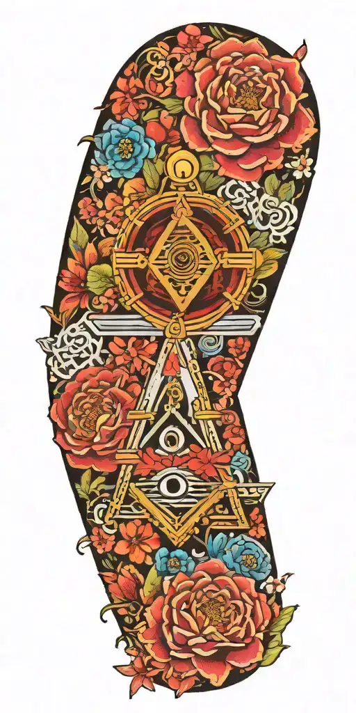 Japanese inspired with Masonic symbols and bright flowers tattoo design idea