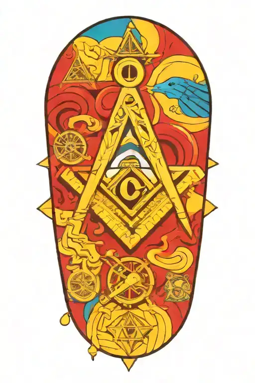 free Masonic symbols incorporated into the design, bright colours, knights tattoo design idea