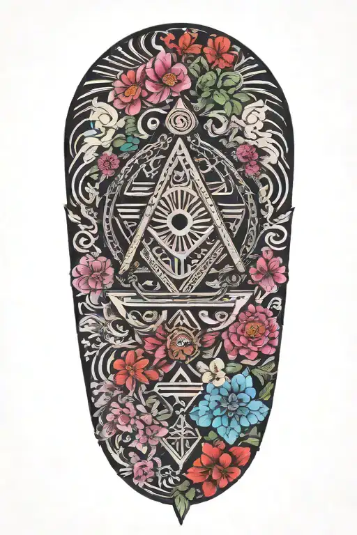 Japanese inspired with Masonic symbols and bright flowers tattoo design idea