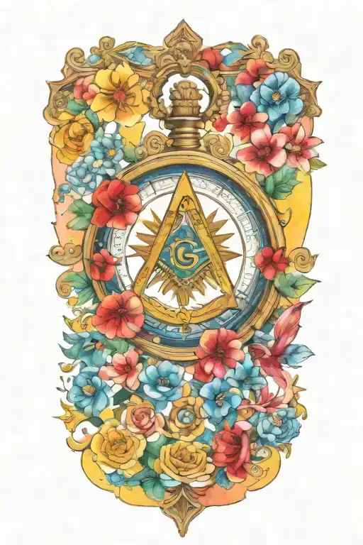 Masonic square and compass, bright coloured japanese flowers, knights Templar 1 pocket watch  tattoo design idea
