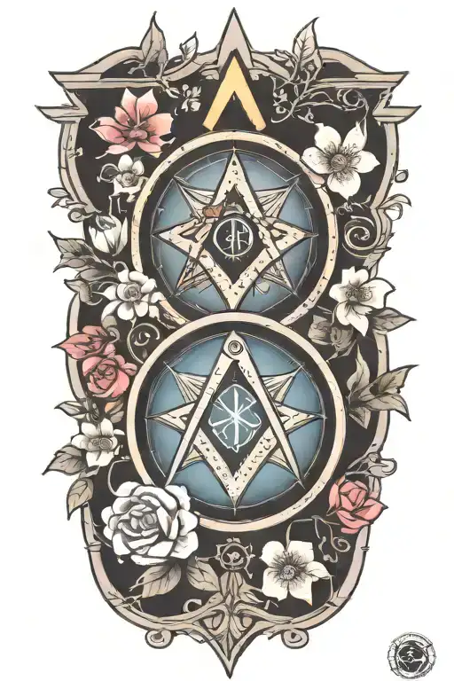 A neotraditional tattoo design featuring a Masonic compass and square intertwined with Disney characters in a Japanese cherry blossom background tattoo design idea