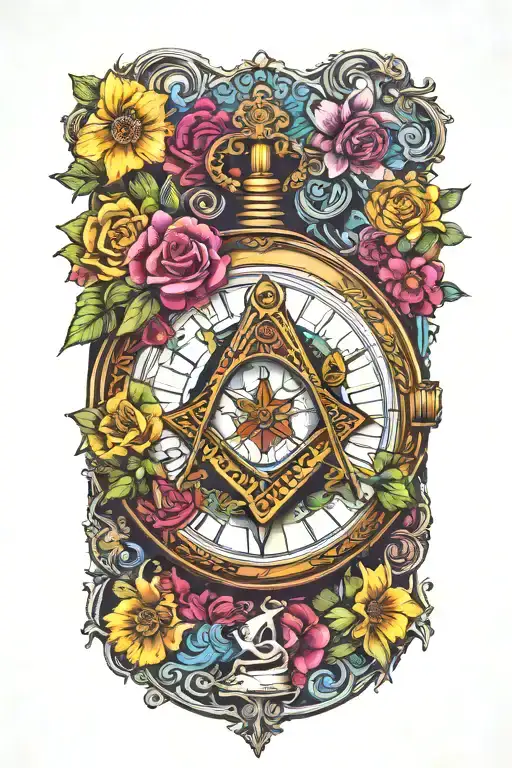 free Masonic square and compass incorporated into the design, bright coloured flowers, knights Templar 1 pocket watch  tattoo design idea