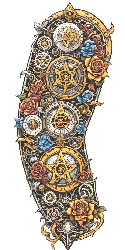 steam punk inspired with Masonic symbols and bright flowers tattoo design idea