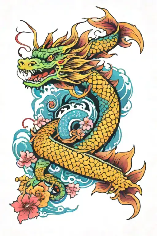 Japanese inspired tattoo featuring dragon,  geisha girl, koi carp bright colours and Masonic symbols tattoo design idea