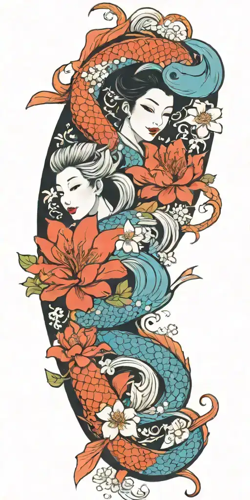 Japanese inspired, dragon, geisha girl, koi carp Masonic symbols, bright colours, cherry blossoms and Lilly's  tattoo design idea