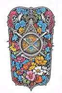 Masonic square and compass, bright coloured japanese flowers, knights Templar 1 pocket watch  tattoo design idea