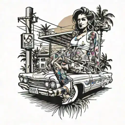 lowrider, electric pole with gymshoes hanging miami vibe girl in background  tattoo design idea