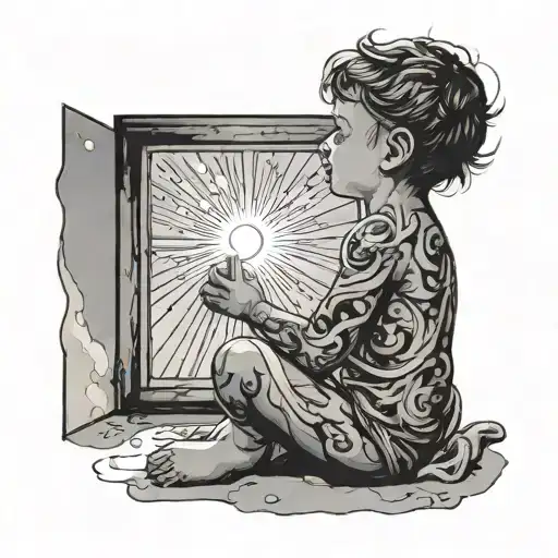 A child in front of a window being bathed by the celestial rays tattoo design idea
