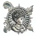 A child looking out the window being bathed by celestial rays tattoo design idea