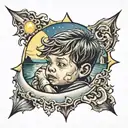 A child looking out the window being bathed by celestial rays tattoo design idea