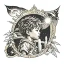 A child looking out the window being bathed by celestial rays tattoo design idea