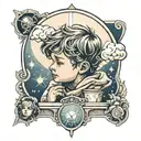 A child looking out the window being bathed by celestial rays tattoo design idea