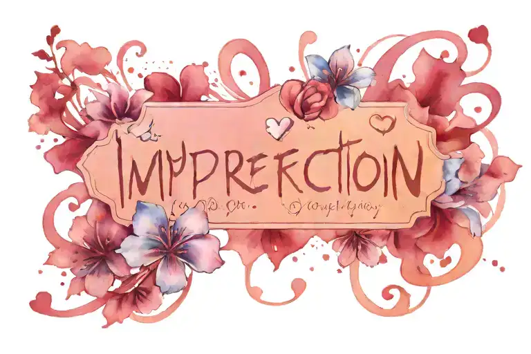 small tattoo that says imperfection with a pretty font with tiny hearts around it on my chest tattoo design idea