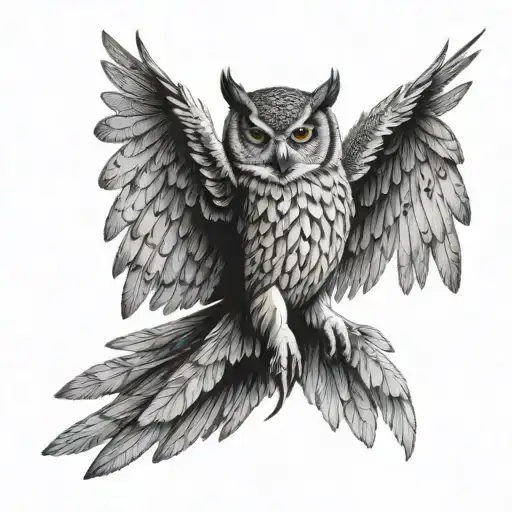 An owl spread winged, hunting, with talons out tattoo design idea