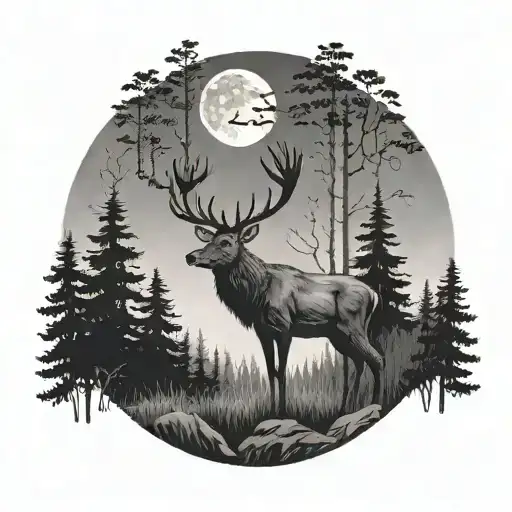 A stag stood in a forest with a full moon in the sky tattoo design idea