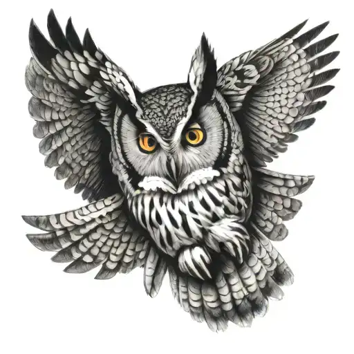 A long eared owl swooping in during a hunt to get its prey. Detail on the face and wings of the owl tattoo design idea