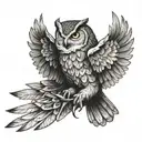 An owl spread winged, hunting, with talons out tattoo design idea