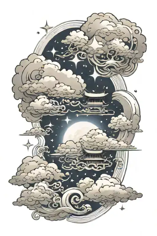 Faith in Japanese. Clouds. Stars.  tattoo design idea