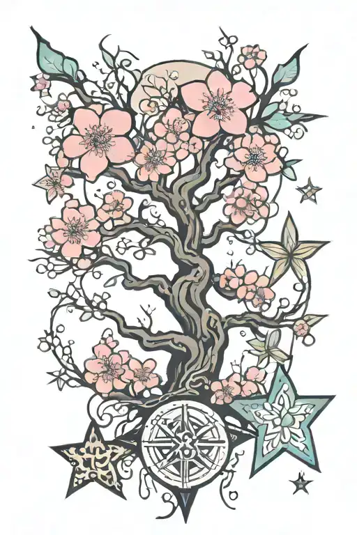 Faith. Japanese cherry blossom tree. Star.  tattoo design idea