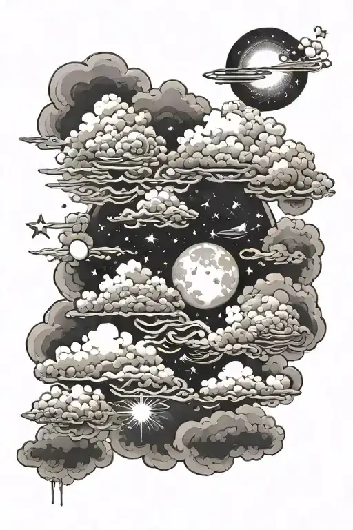 Faith in Japanese. Clouds. Stars.  tattoo design idea
