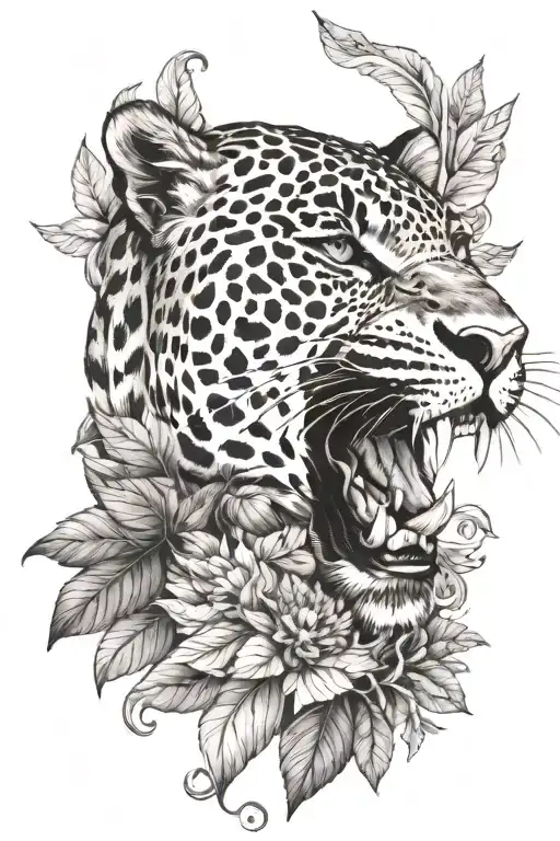 leopard with open mouth between three forest leaves, with baroque ornamentation. tattoo design idea