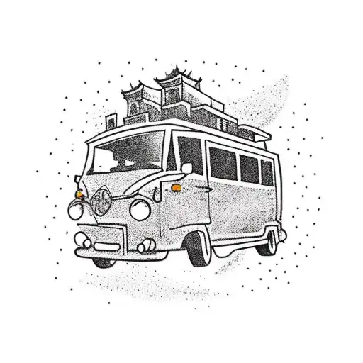 A traditional tattoo design featuring a tuk tuk driving through a bustling street in a foreign city, surrounded by iconic landmarks like the Great Wall of China and the Colosseum tattoo design idea